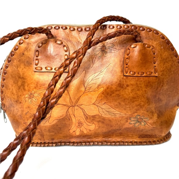 Vintage from de 2000’s Brown Raw Leather Floral Hand—Painted Shoulder Bag. - Picture 11 of 11